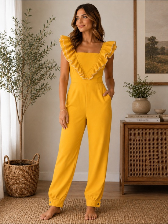 SHEIN Pants - SHEIN long romper short ruffle sleeve with white trim yellow large